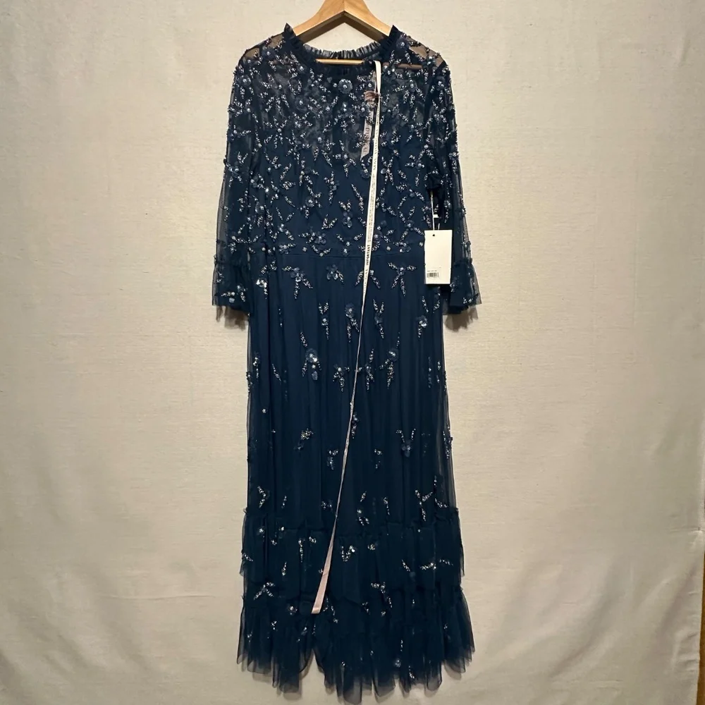 NWT Mac Duggal High Neck Embellished Flutter Half Length Sleeve Dress - size 18W